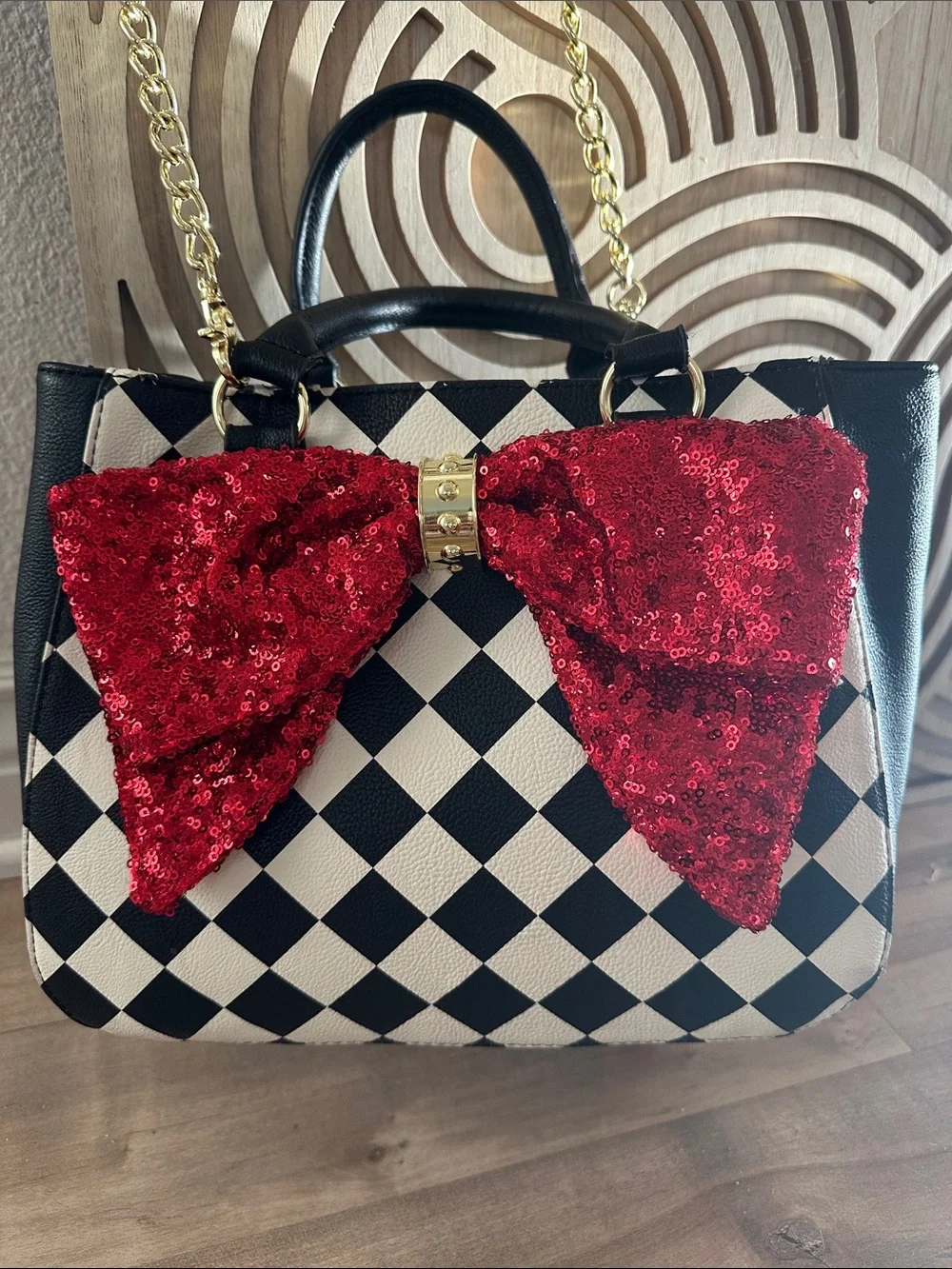 Betsey Johnson Black & White Checker Satchel with Red Sequin Bow